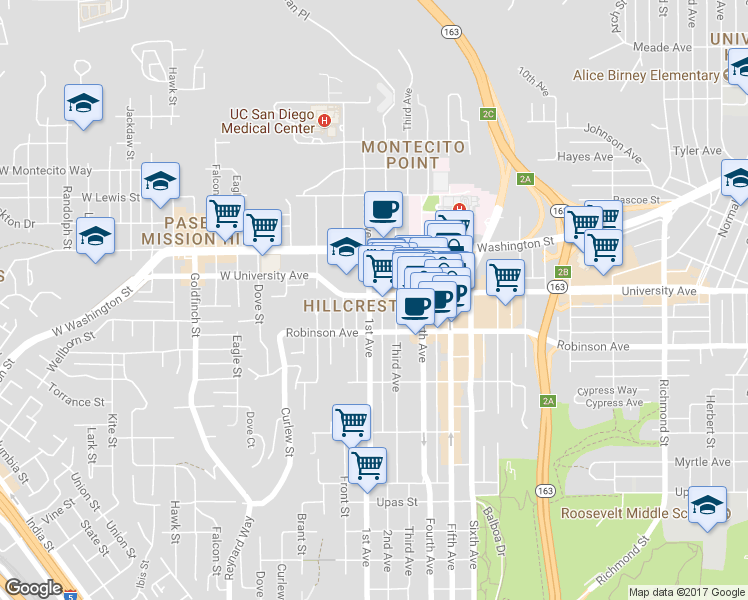 map of restaurants, bars, coffee shops, grocery stores, and more near 127 University Avenue in San Diego