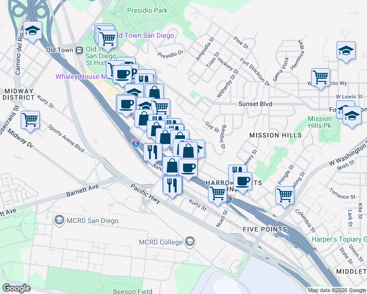map of restaurants, bars, coffee shops, grocery stores, and more near 3906 West California Street in San Diego
