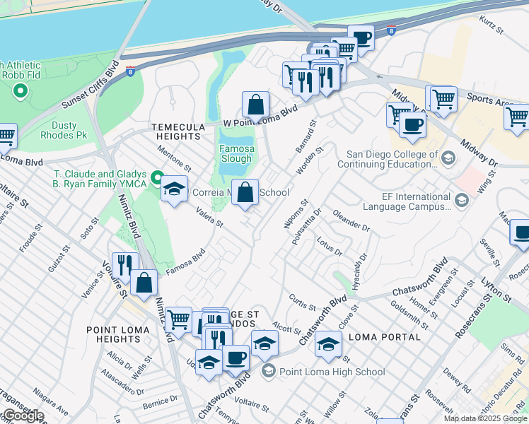 map of restaurants, bars, coffee shops, grocery stores, and more near 2654 Worden Street in San Diego