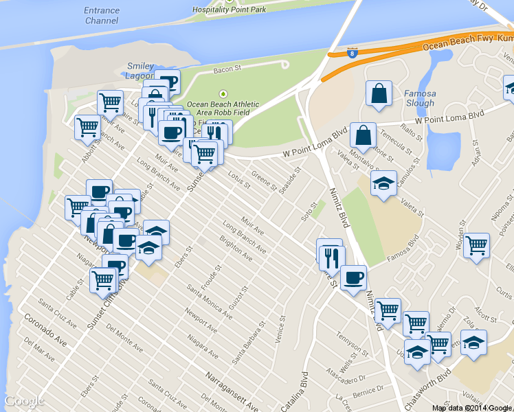 map of restaurants, bars, coffee shops, grocery stores, and more near 4615 Voltaire Street in San Diego