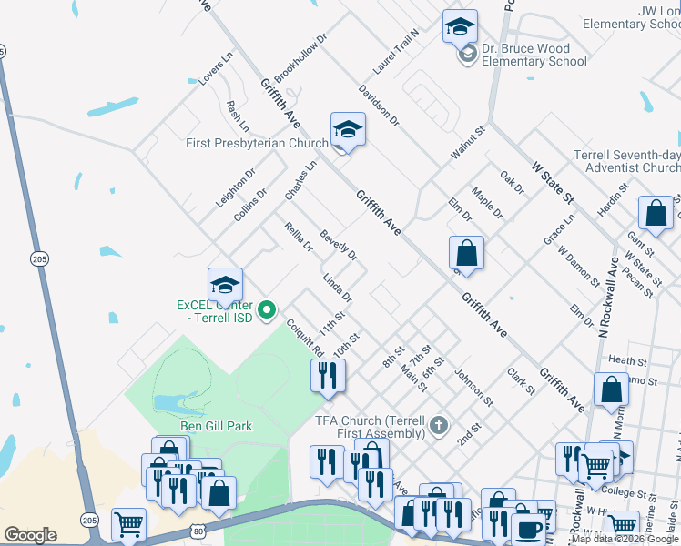 map of restaurants, bars, coffee shops, grocery stores, and more near 783 Beverly Drive in Terrell
