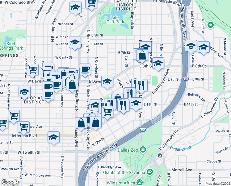 map of restaurants, bars, coffee shops, grocery stores, and more near 404 East 9th Street in Dallas