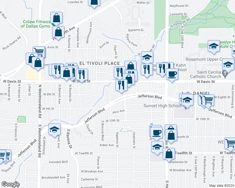 map of restaurants, bars, coffee shops, grocery stores, and more near 2727 West Jefferson Boulevard in Dallas