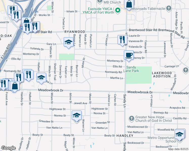 map of restaurants, bars, coffee shops, grocery stores, and more near 7213 Martha Lane in Fort Worth