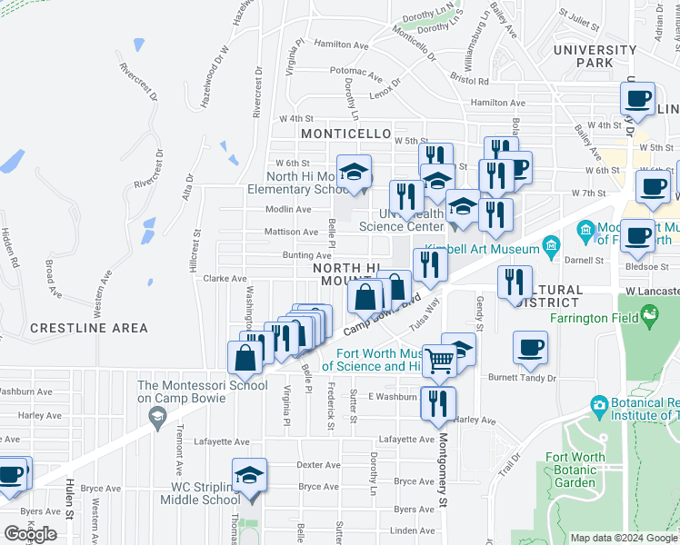 map of restaurants, bars, coffee shops, grocery stores, and more near 3902 Clarke Avenue in Fort Worth