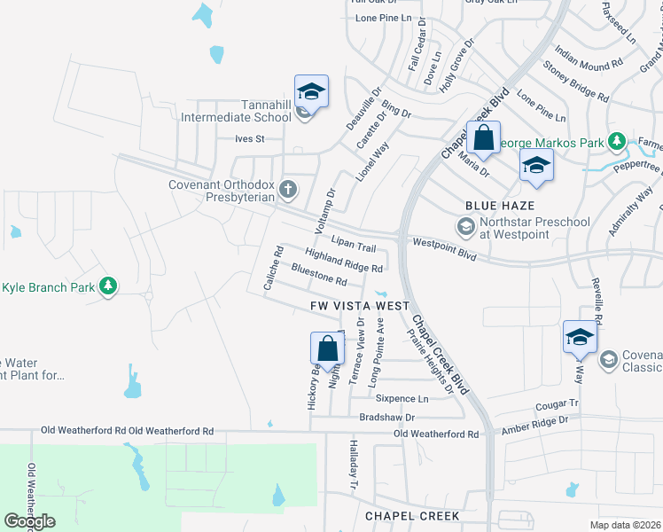 map of restaurants, bars, coffee shops, grocery stores, and more near 10648 Bluestone Road in Fort Worth