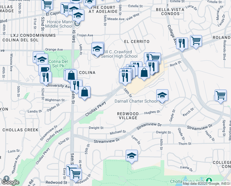 map of restaurants, bars, coffee shops, grocery stores, and more near 1635 Chollas Parkway in San Diego