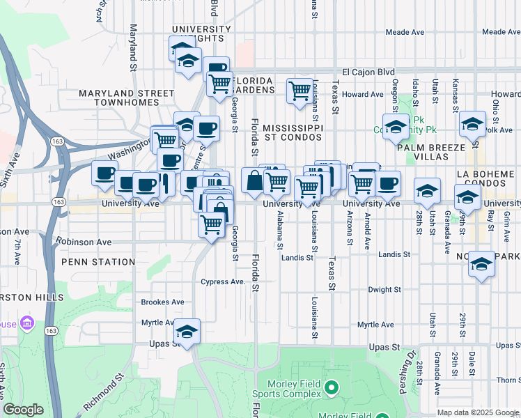 map of restaurants, bars, coffee shops, grocery stores, and more near 3880 Florida Street in San Diego