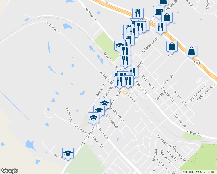 map of restaurants, bars, coffee shops, grocery stores, and more near 306 Austin Street in Forney