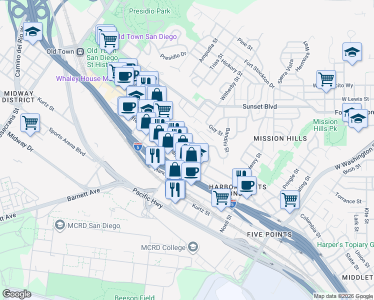 map of restaurants, bars, coffee shops, grocery stores, and more near 3906 West California Street in San Diego