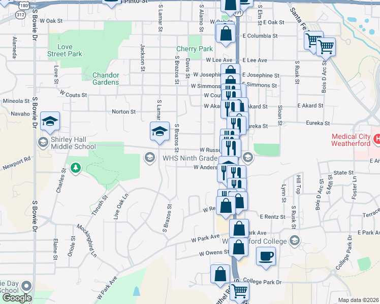map of restaurants, bars, coffee shops, grocery stores, and more near 311 West Russell Street in Weatherford