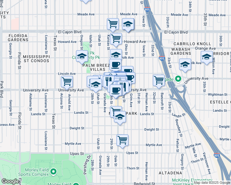 map of restaurants, bars, coffee shops, grocery stores, and more near 2927 University Avenue in San Diego