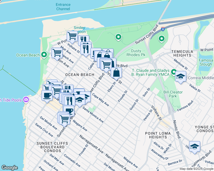 map of restaurants, bars, coffee shops, grocery stores, and more near 4732 Long Branch Avenue in San Diego