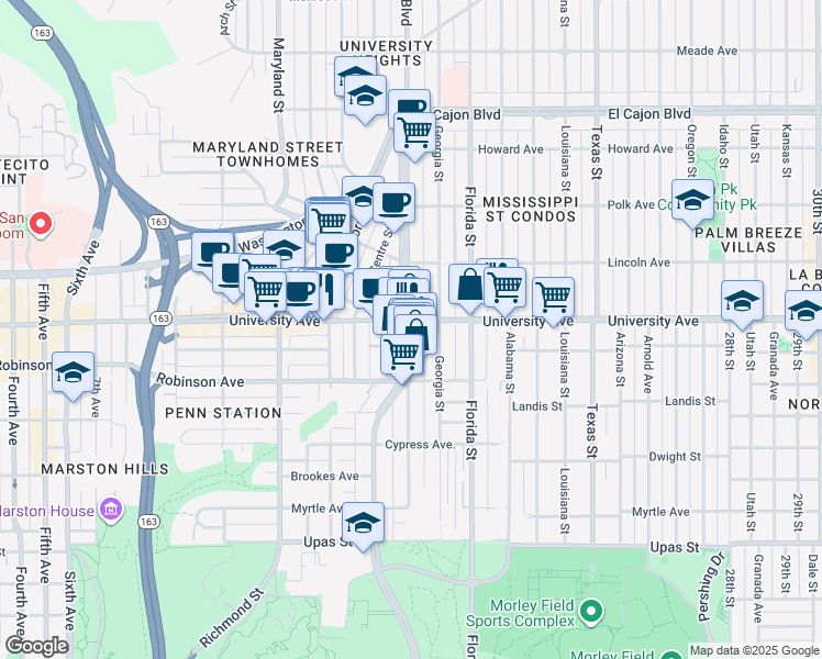 map of restaurants, bars, coffee shops, grocery stores, and more near 1829 Crestwood Place in San Diego