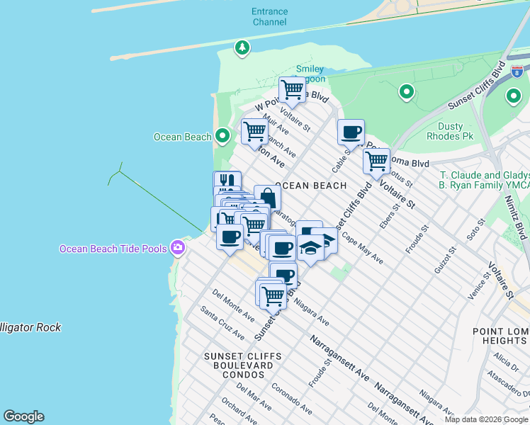 map of restaurants, bars, coffee shops, grocery stores, and more near 1975 Bacon Street in San Diego