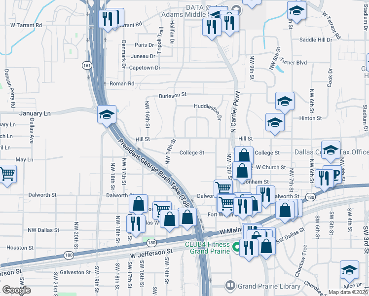 map of restaurants, bars, coffee shops, grocery stores, and more near 1210 College Street in Grand Prairie
