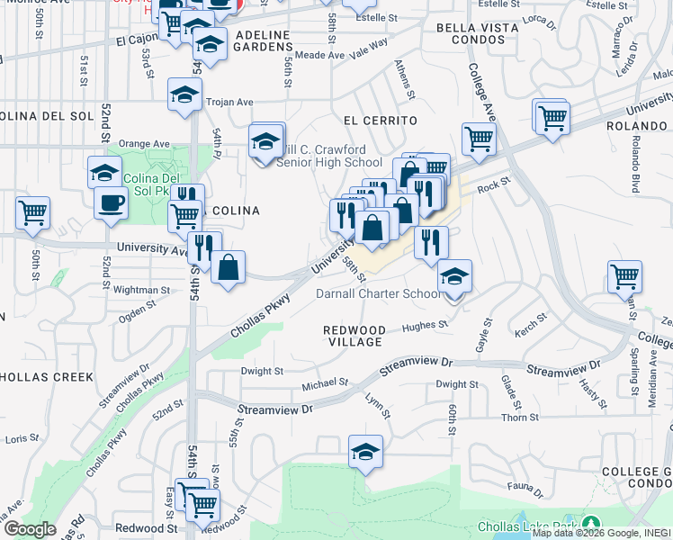 map of restaurants, bars, coffee shops, grocery stores, and more near 5748 Bates Street in San Diego