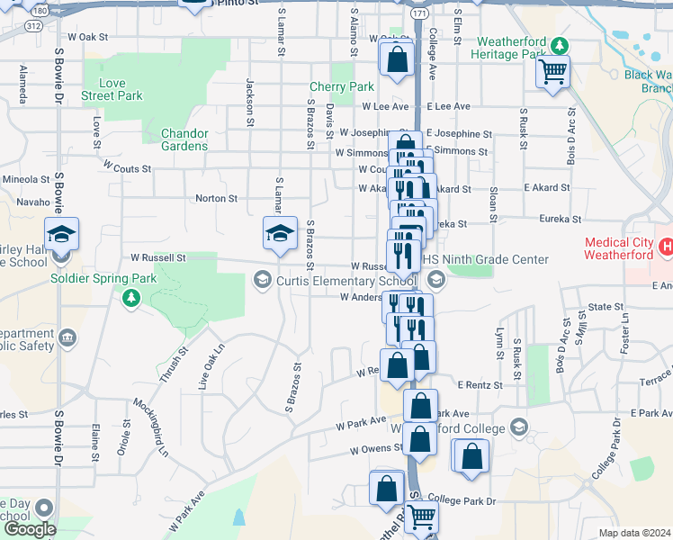 map of restaurants, bars, coffee shops, grocery stores, and more near 307 West Russell Street in Weatherford