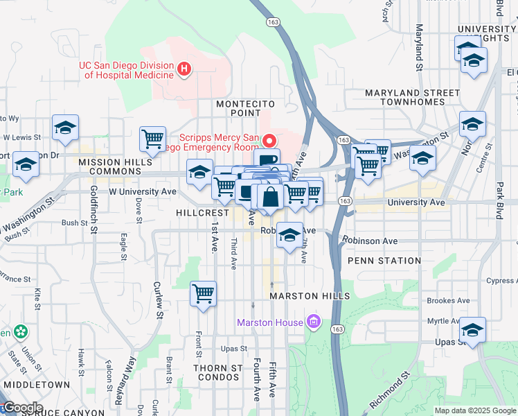 map of restaurants, bars, coffee shops, grocery stores, and more near 3880 Fifth Avenue in San Diego