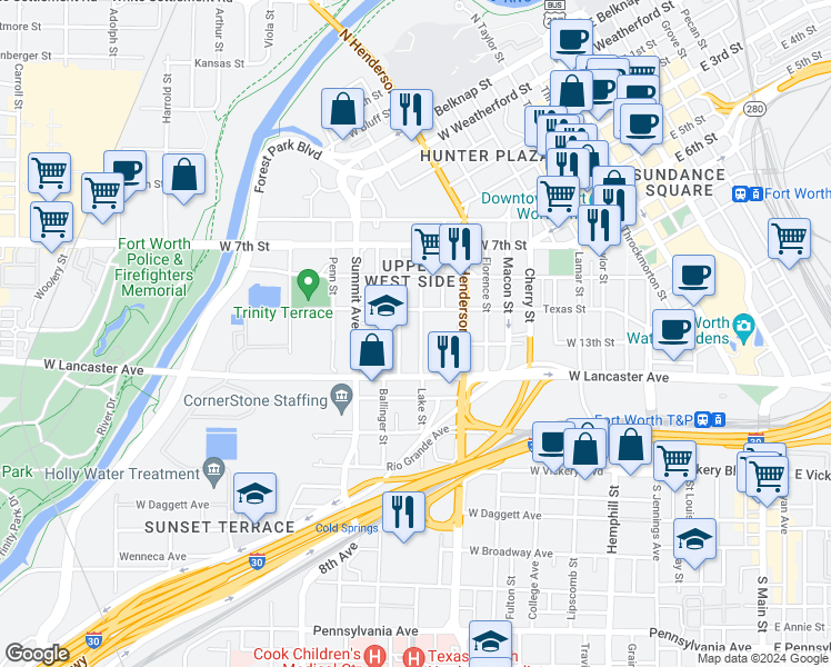 map of restaurants, bars, coffee shops, grocery stores, and more near 1011 Texas Street in Fort Worth