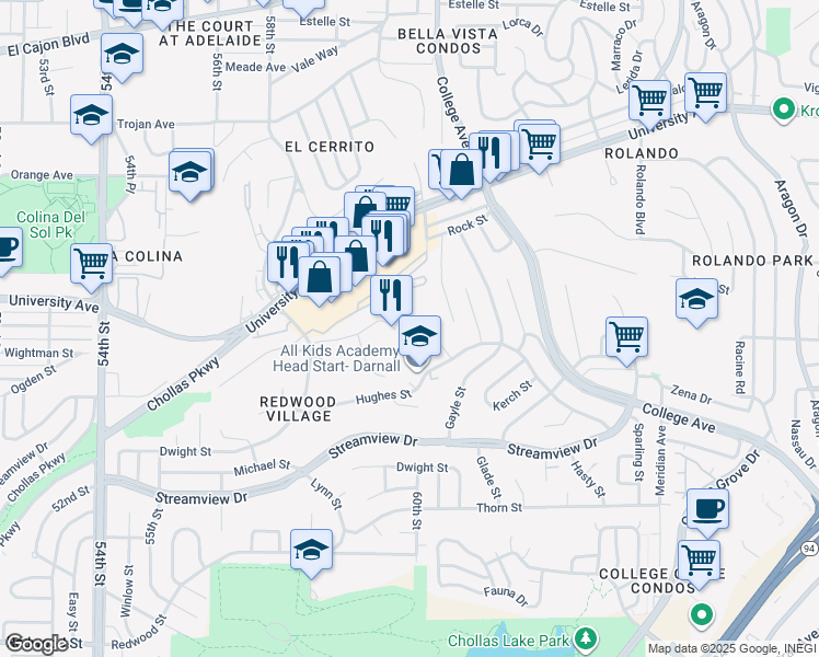 map of restaurants, bars, coffee shops, grocery stores, and more near 5990 Dandridge Lane in San Diego