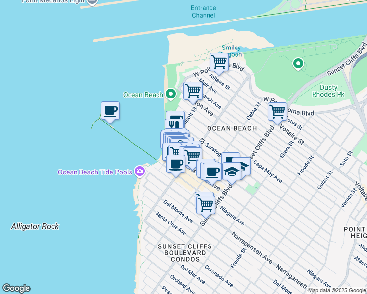 map of restaurants, bars, coffee shops, grocery stores, and more near 5041 Santa Monica Avenue in San Diego