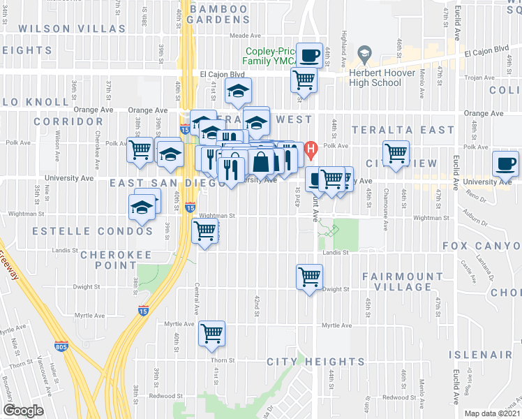 map of restaurants, bars, coffee shops, grocery stores, and more near 3815 42nd Street in San Diego