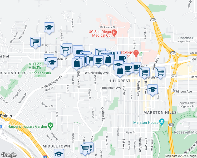 map of restaurants, bars, coffee shops, grocery stores, and more near 433 University Place in San Diego