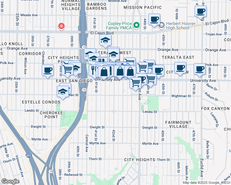 map of restaurants, bars, coffee shops, grocery stores, and more near 3815 42nd Street in San Diego