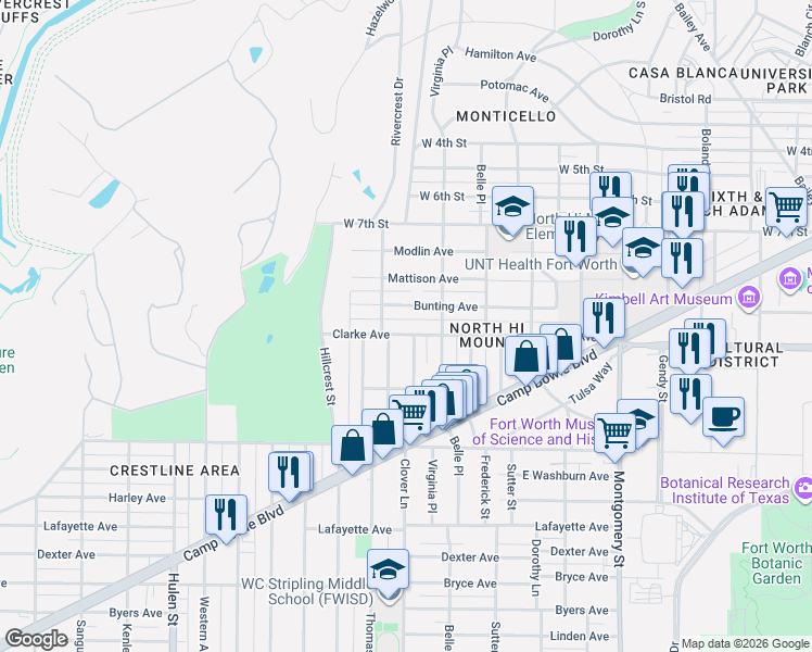 map of restaurants, bars, coffee shops, grocery stores, and more near 4054 Clarke Ave in Fort Worth