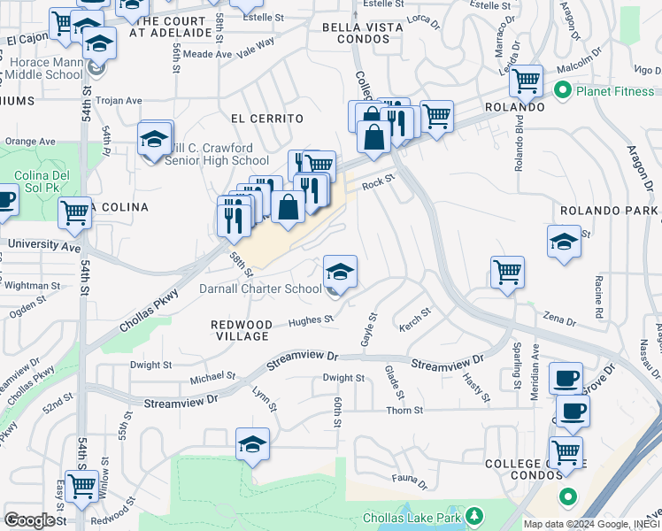 map of restaurants, bars, coffee shops, grocery stores, and more near 5990 Dandridge Lane in San Diego