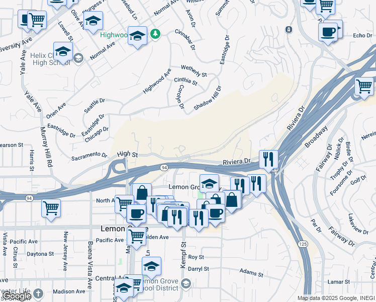 map of restaurants, bars, coffee shops, grocery stores, and more near 8050 High Street in La Mesa