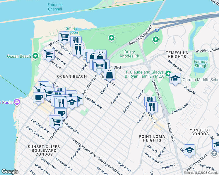 map of restaurants, bars, coffee shops, grocery stores, and more near 4678 Muir Avenue in San Diego