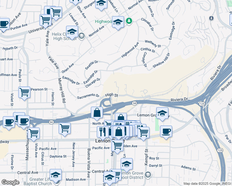 map of restaurants, bars, coffee shops, grocery stores, and more near 3812 Costa Bella Way in La Mesa