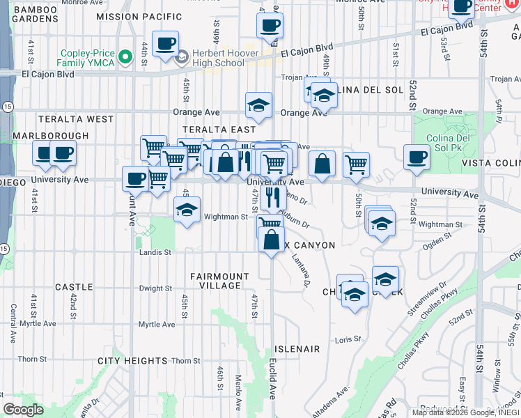 map of restaurants, bars, coffee shops, grocery stores, and more near 3819 47th Street in San Diego