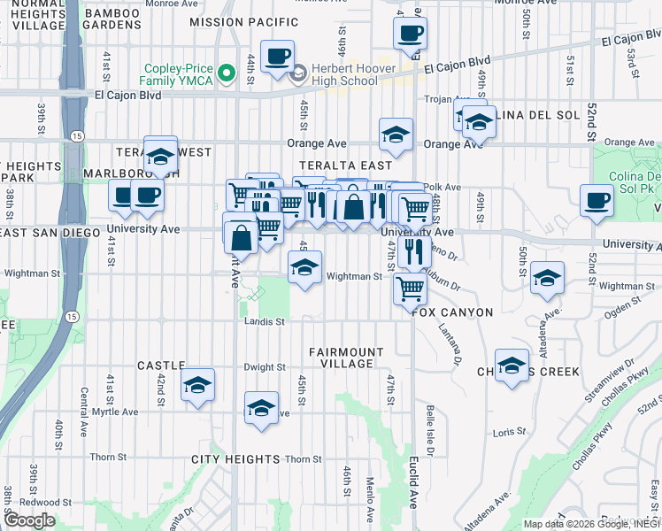 map of restaurants, bars, coffee shops, grocery stores, and more near 3810 46th Street in San Diego
