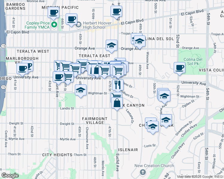 map of restaurants, bars, coffee shops, grocery stores, and more near 3819 47th Street in San Diego