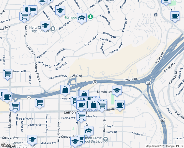 map of restaurants, bars, coffee shops, grocery stores, and more near 3800 Carbo Court in La Mesa