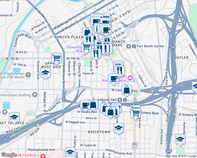 map of restaurants, bars, coffee shops, grocery stores, and more near 1021 Taylor Street in Fort Worth