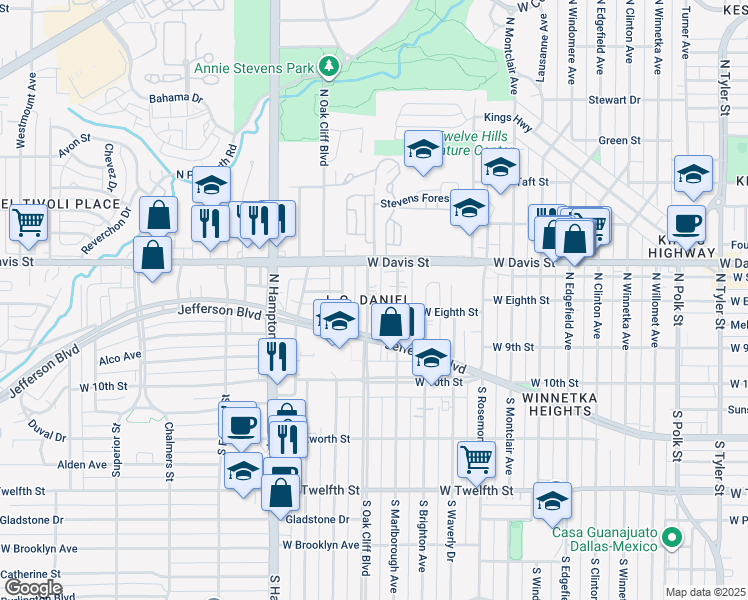 map of restaurants, bars, coffee shops, grocery stores, and more near 414 North Oak Cliff Boulevard in Dallas