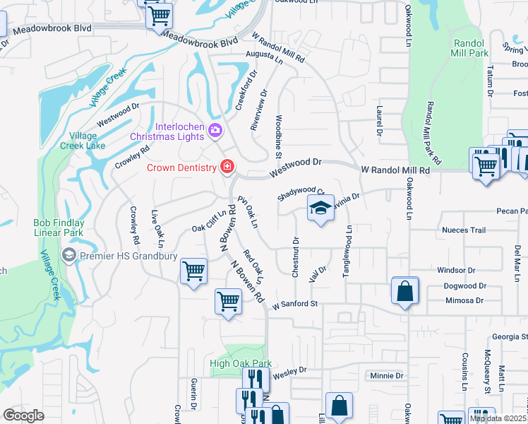 map of restaurants, bars, coffee shops, grocery stores, and more near 905 Oak View Court in Arlington