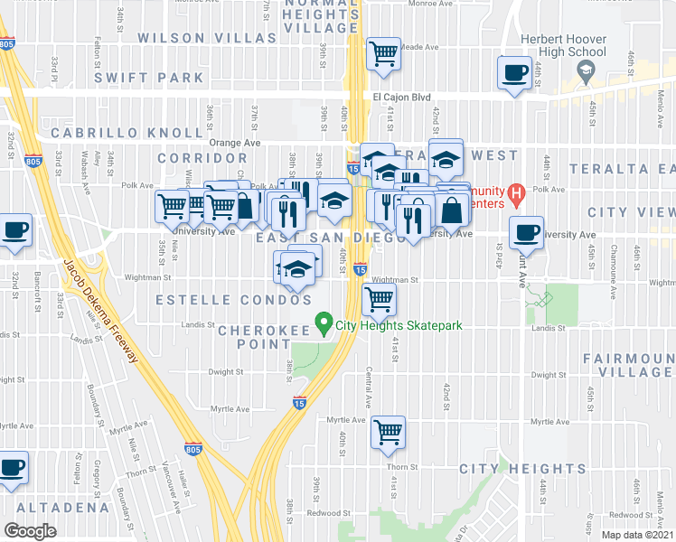 map of restaurants, bars, coffee shops, grocery stores, and more near 3812 40th Street in San Diego
