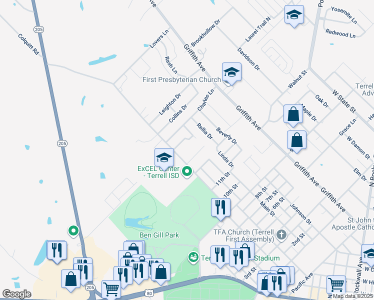 map of restaurants, bars, coffee shops, grocery stores, and more near 1350 Colquitt Rd in Terrell