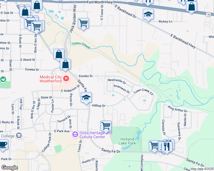 map of restaurants, bars, coffee shops, grocery stores, and more near 1125 Newcastle Drive in Weatherford