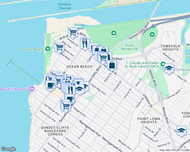 map of restaurants, bars, coffee shops, grocery stores, and more near 4790 Brighton Ave in San Diego