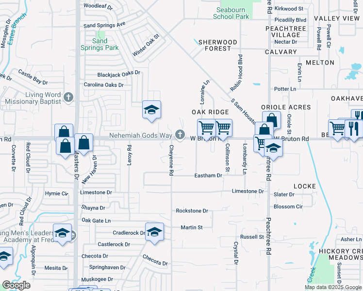 map of restaurants, bars, coffee shops, grocery stores, and more near 2620 West Bruton Road in Balch Springs
