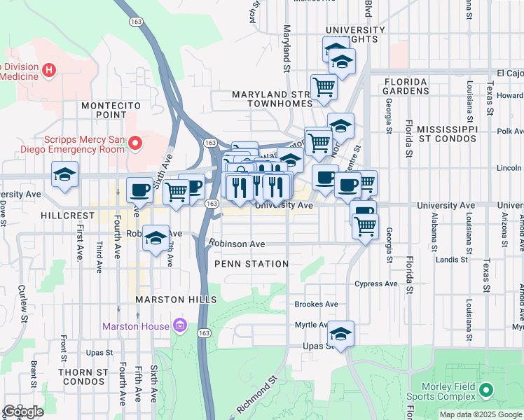 map of restaurants, bars, coffee shops, grocery stores, and more near 3877 Vermont Street in San Diego