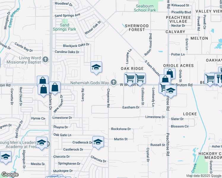 map of restaurants, bars, coffee shops, grocery stores, and more near 2620 West Bruton Road in Balch Springs