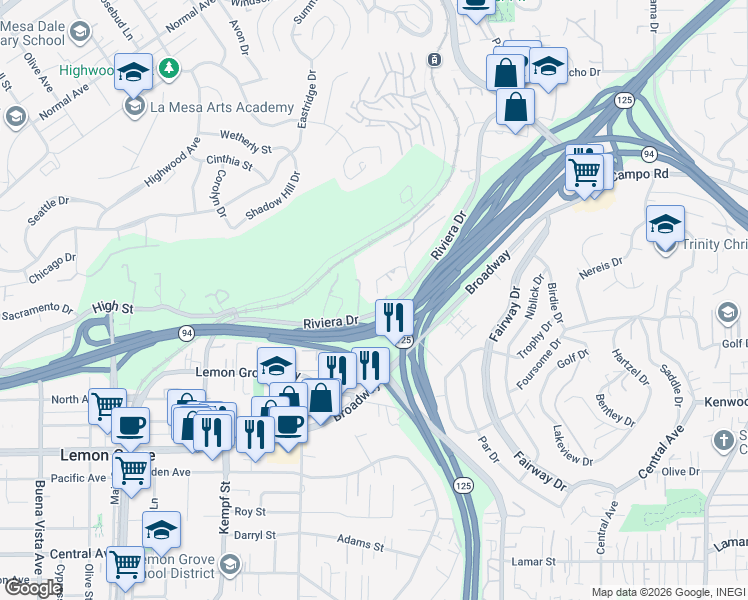map of restaurants, bars, coffee shops, grocery stores, and more near 3808 American Avenue in La Mesa