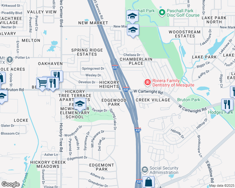 map of restaurants, bars, coffee shops, grocery stores, and more near 1616 Poplar Place in Mesquite